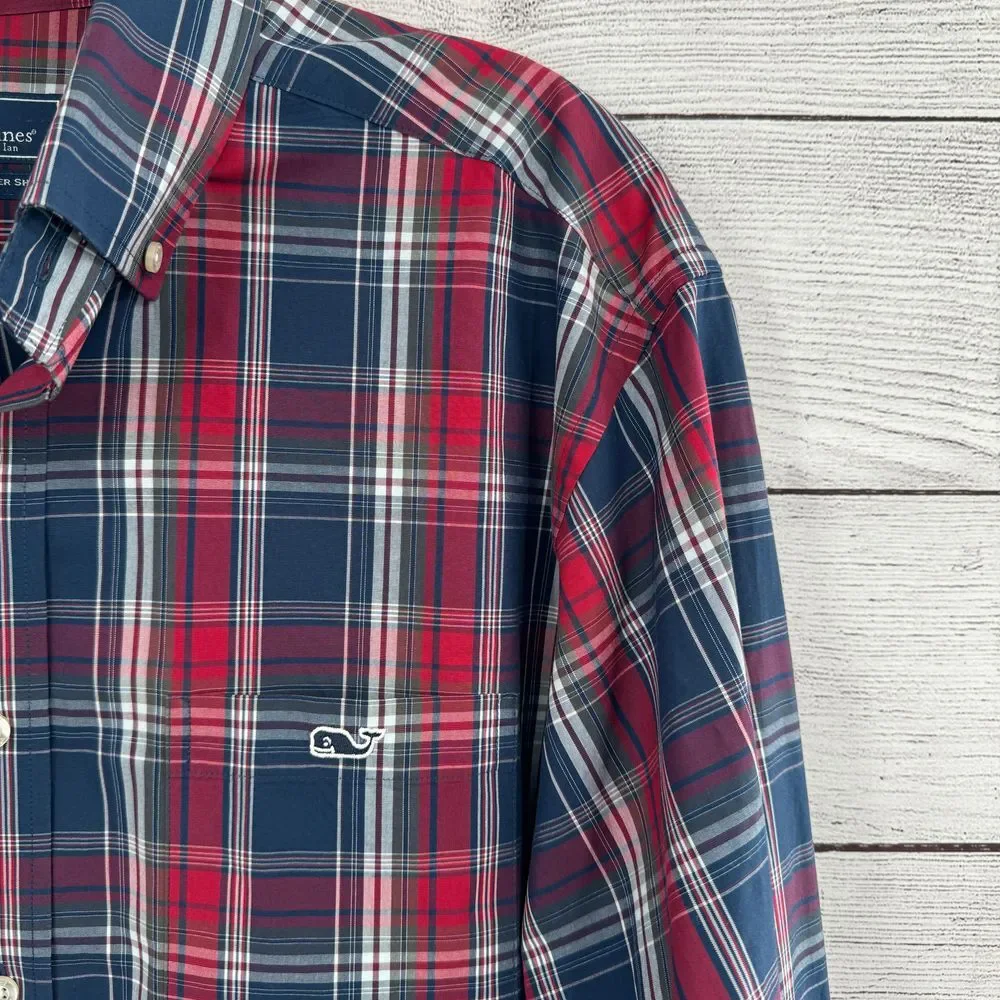 Vineyard Vines Classic Fit Tucker Plaid Button-Down Shirt Medium Navy Red Casual
